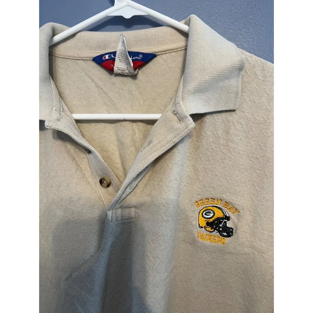 NFL Green Bay‎ Packers Champion Textured Beige Polo Size Large, Embroidered Logo